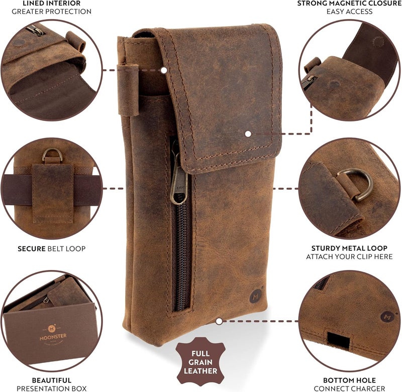 Moonster Leather Phone Holster – Genuine Full-Grain Buffalo Leather Cell Phone Holsters Holster for Large Smartphones Belt Holder - 7”H x 3.5" W - Image 3